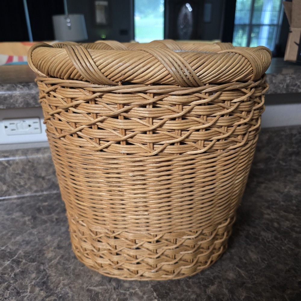 Rattan Wicker Wastebasket planter Metal Liner Braided Rim Boho Natural Brown